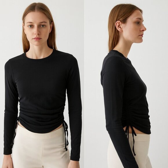 Open Edit Tops - OPEN EDIT Ruched lace up cutout side crewneck long sleeve top m medium